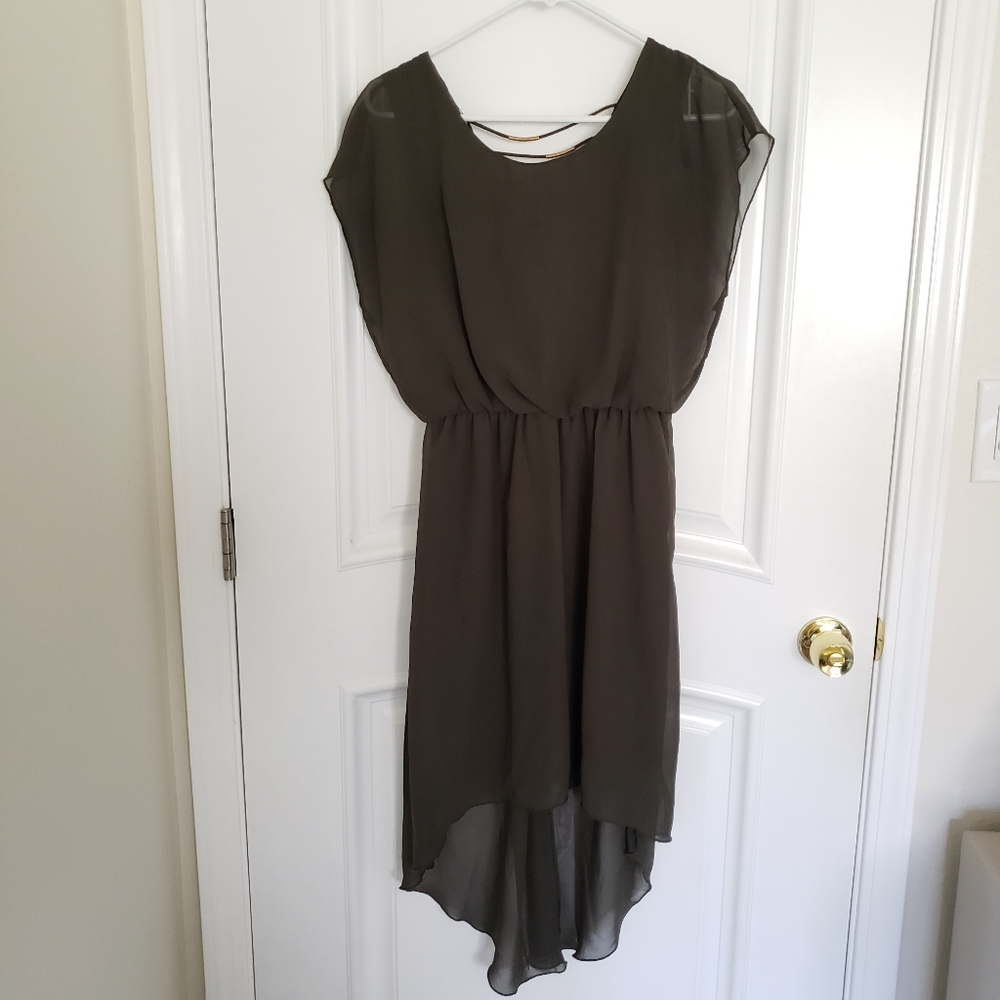 Olive Green High Low Dress with Gold Bar D…